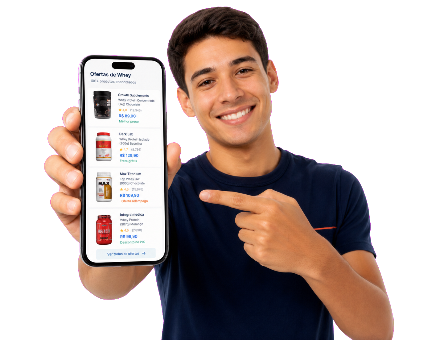 Pessoa apresentando uma lista de ofertas no celular
